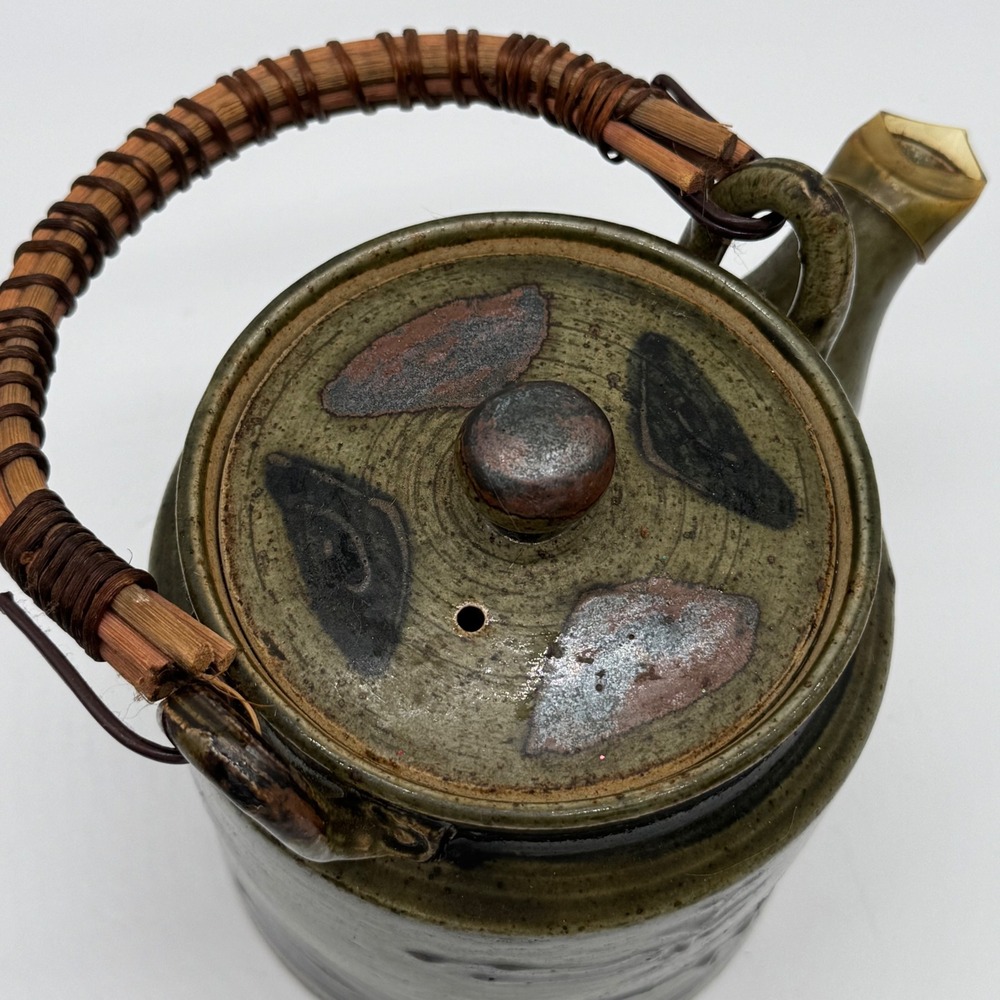 Vintage Japanese Studio Pottery Teapot 3 Cup Set Wabi Sabi Reed Cane Handle - Picture 4 of 12